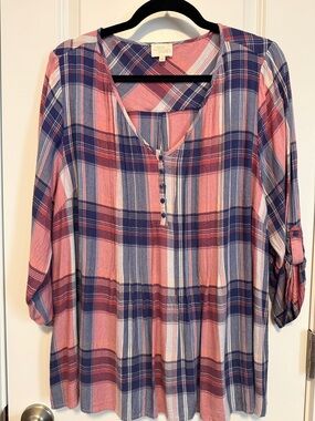 Ava James Pink and Blue Plaid Henley Tunic Top
